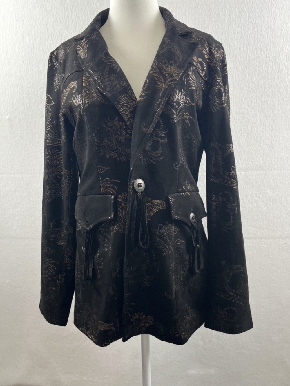 Shyanne Western Black Faux Suede Blazer Metallic Gold Baroque Concho Tassel Sz S